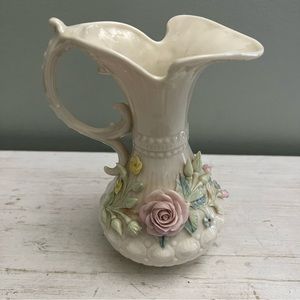 Belleek Aberdeen 3 Dimensional Ornate Floral Vintage Vase Pitcher 1965-1980
